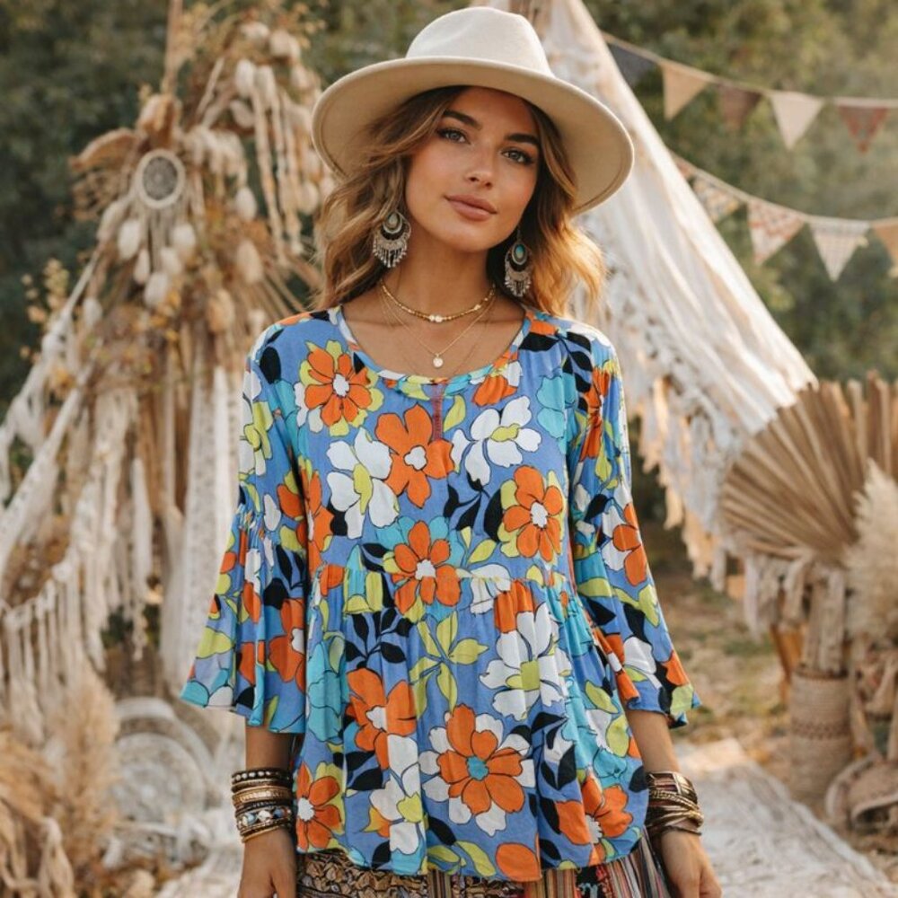 Ninety Floral Top Size Small Keyhole Boho Flowy Folk‎ Whimsical Festival Art